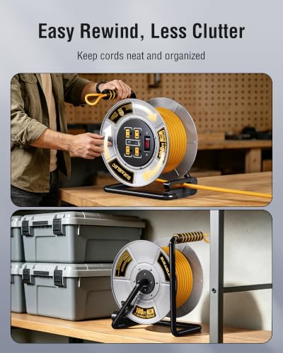 Retractable Extension Cord Reel 100 Ft, Metal Steel Cable Drum | 4 Grounded Outlets, USB-A & USB-C Port, 13A Circuit Breaker, Hand Crank 14 AWG Extension Cord Reel for Garage, Jobsite - size: 100FT 14AWG