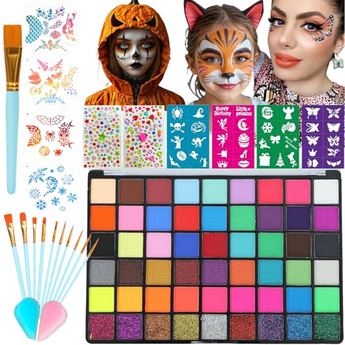 Face Painting Kit for Kids, 54 Colors Professional Face Paint Makeup Kit Non-Toxic Water Activated Facepaint Palette with Brush, Stencil, Sponge, Gem, for Party Halloween (54 Colors) - color: 54 Colors