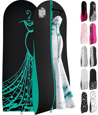 Your Bags Women’s Dress and Gown Garment Bag -72”x24” and 10” Tapered Gusset Prom Bags (Blue/Black Dress Print) - color: Blue/Black Dress Print