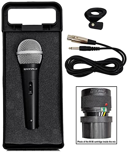 Rockville Pro Mic Kit 1 Metal Microphone with Stand, Carry Bag, 2-Pack | M-56 Neodymium Dynamic Mic, XLR to 1/4" OFC Cable, Adjustable 31.5"-59" Stand, Padded Canvas Carry Bag