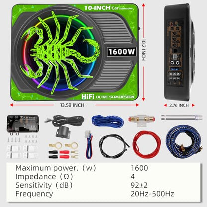 2026 Upgraded 10" 1600W Slim Under Seat Car Subwoofer with Built-in Amp & LED Ambient Lights - Low Profile Bass Sub for Car Audio Individual Controls (LPF/Gain/Bass Boost) High Output Distortion-Free - color: Green XZ