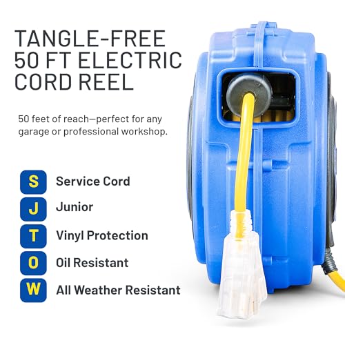 Goodyear Extension Cord Reel Retractable 16AWG x 50' Foot 3C/SJTOW Commercial Cable LED Triple Tap Connector Power 10A 125VAC 938W | 3C/SJTOW Commercial Cable LED Triple Tap Connector Power 10A 125VAC 938W