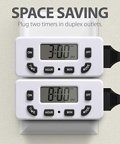 Fosmon 24 Hour Programmable Digital Timer Outlet (2 Pack), ON/Off Program, LCD Display, Mini Indoor Single Plug-in, 125V 15A for Seasonal Light, Lamp, Heater, Portable Fan, Aquarium - style: 24 hour 2 pack
