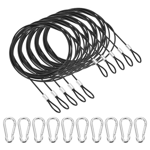 PATIKIL 78.7 Inch Safety Cable Lock, 5 Pcs 304 Stainless Steel Security Wire Ropes Double Loop Anti-Theft Safety with 10 Spring Buckles for Bicycles Luggage Stage Lighting, Black - color: Black, size: 78.7 Inch