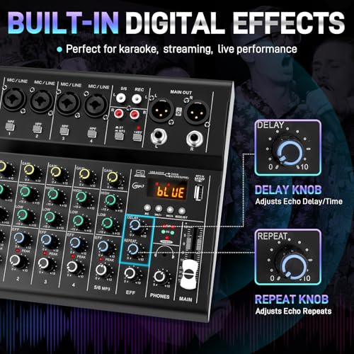 6-Channel Audio Mixer for Beginners, Easy Setup DJ Mixer with Bluetooth, USB/MP3 Sound Card, DSP Effects & 48V Phantom Power, Compact Mixing Console for Karaoke, Podcast & Streaming