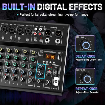 6-Channel Audio Mixer for Beginners, Easy Setup DJ Mixer with Bluetooth, USB/MP3 Sound Card, DSP Effects & 48V Phantom Power, Compact Mixing Console for Karaoke, Podcast & Streaming