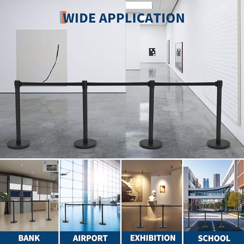 Crowd Control Stanchion Set, Black Stanchions with 6.6 ft Retractable Belts, Crowd Control Barriers, 2 Pack