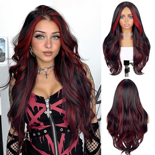 Quantum Love Long Curly Wig for Women Long Wavy Black Mix Red Wigs 28Inch Natural Looking Synthetic Fashion Color Hair for Cosplay Halloween Daily Party Use - color: Mix Red
