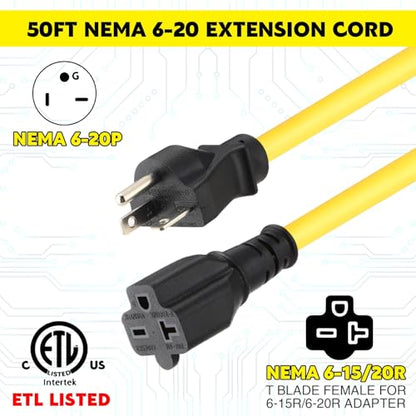 50 ft Nema 6-20 Extension Cord, Nema 6-20p Male Plug to 6-20r/6-15r Female Receptacle, 20 Amp T-Blade Outlet Extension Power Cord with Waterproof Sockets, Heavy Duty 12/3 Awg, 250v, 5000w - size: 50 ft