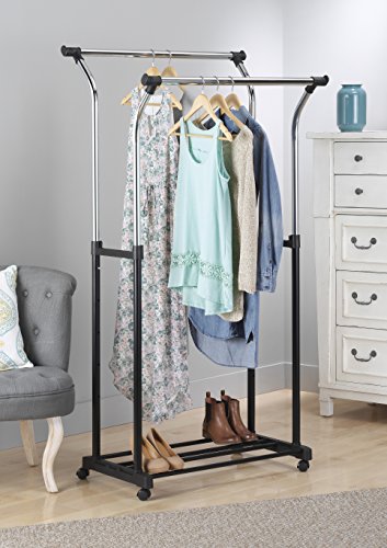 Whitmor Double Rods Clothes Rack, Rolling Clothing Rack for Hanging Clothes, Portable Wardrobe Rack, Adjustable Garment Rack with Wheels, Black & Silver - color: 35 x 22 x 68 inch - Black & Silver