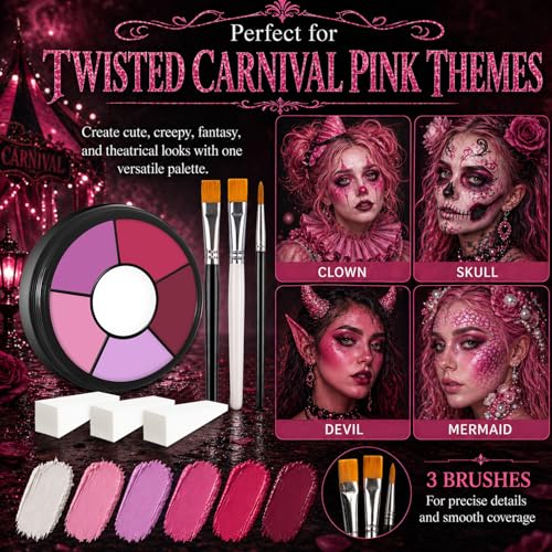 BOBISUKA Pink Cream Face & Body Paint Palette Kit with 3 Brushes 3 Sponges, Highly Pigmented Easy to Blend Long Lasting Halloween Makeup for Clown, Skull, Devil, Demon,Mermaid Costume & Theme - color: 06 Twisted Carnival Pink