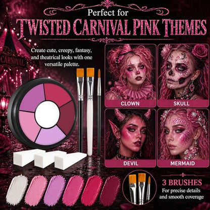 BOBISUKA Pink Cream Face & Body Paint Palette Kit with 3 Brushes 3 Sponges, Highly Pigmented Easy to Blend Long Lasting Halloween Makeup for Clown, Skull, Devil, Demon,Mermaid Costume & Theme - color: 06 Twisted Carnival Pink