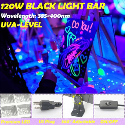 120W Black Light, LED Blacklight Bar with 10ft Cord, Glow in The Dark, for Glow Party, Neon Decoration, Body Paint, Fluorescent Poster, Birthday, Halloween, Bedroom(2 Pack)