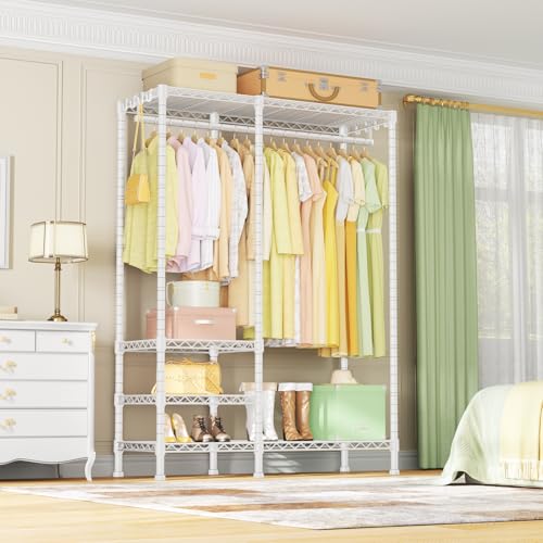 F4 Heavy Duty Clothes Rack (With Hanger Rod) Freestanding Clothing Racks for Hanging Clothes，Adjustable Closet Organizer System, Portable Garment Rack 45"W x 15.8"D x 71.3"H,Max Load 600LBS,White - color: White, style: Freestanding
