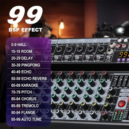 BOMGE Professional 8 Channel DJ Audio Mixer, Sound Mixer with 99 DSP Effects/7-band EQ/USB Drive/Bluetooth/Compute/48V Phantom for PC Recording Karaoke Studio Streaming