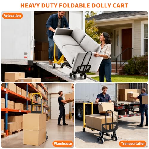 Heavy Duty Aluminum Hand Truck, 3-in-1 Convertible Folding Dolly Cart, Stair Climbing Hand Truck with Wheels, Industrial Platform Trolley for Warehouse, Home, Office & Transport Moving - color: Yellow+black