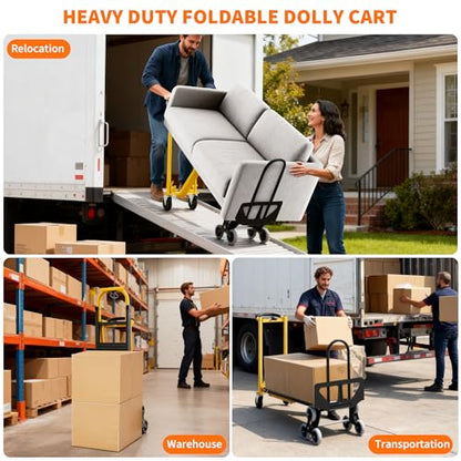 Heavy Duty Aluminum Hand Truck, 3-in-1 Convertible Folding Dolly Cart, Stair Climbing Hand Truck with Wheels, Industrial Platform Trolley for Warehouse, Home, Office & Transport Moving - color: Yellow+black