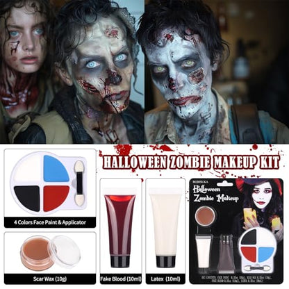 BOBISUKA Halloween Zombie Makeup Kit with 4 Colors Face Body Paint & Applicator, Fake Blood, Liquid Latex and Scar Wax SFX Makeup Set for Vampires Wounds Clown Cosplay Special Effects Makeup - color: Zombie Makeup
