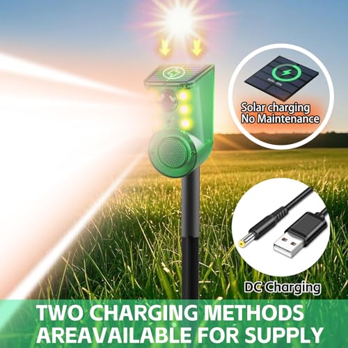 Solar Outdoor Motion Sensor Alarm - Ultrasound & Alarms 129db Motion Detector Loud Noise Maker,Strobe Light,for Home, Villa,Yard,Chicken coop,Farm,Barn.4 Work Modes.Say Goodbye to The Intruders 1Pack