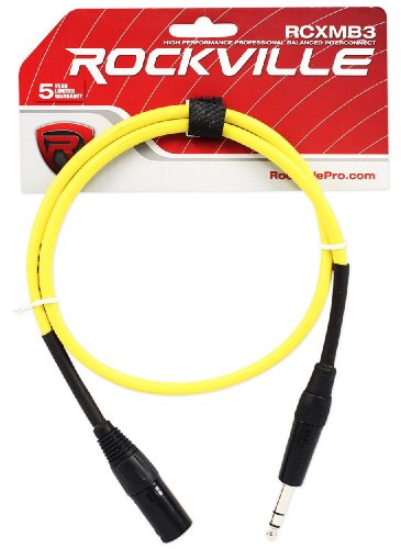 Rockville RCXMB3-Y Yellow 3' Male REAN XLR to 1/4" TRS Cable, 100% Copper | Patch Cable, Balanced Audio, Nickel Plated, 24 AWG OFC, 90% Spiral Shield, EMI/RFI Rejection, Flexible, Low Noise - color: Yellow