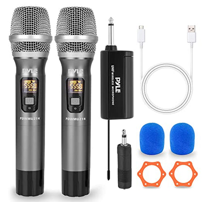Pyle Dual UHF Wireless Microphone System - Professional Handheld Dynamic Cordless Mics with Receiver Kit - Battery Powered, Unidirectional, Clear Vocals w/ 165ft+ Range - for PA, Karaoke, DJ, Party