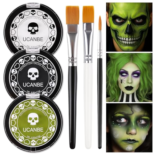White Foundation + Black Green Face Body Paint with Painting Brushes Halloween Makeup Set, Kids Adults Facepaint Kit for Witch Monster Grinch Shrek Hulk Alien Special Effects Make Up Cosplay Party - color: Black+White+Ogre Green