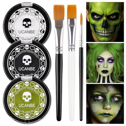White Foundation + Black Green Face Body Paint with Painting Brushes Halloween Makeup Set, Kids Adults Facepaint Kit for Witch Monster Grinch Shrek Hulk Alien Special Effects Make Up Cosplay Party - color: Black+White+Ogre Green