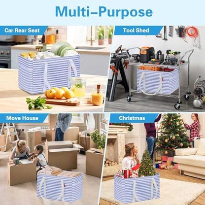 LHZK Standing Utility Tote Bag with Metal Wire Frame and the Sides Rinforced, Large Tote Bag with Handle, Reusable Grocery Bags Foldable, Beach Bag, Car Tote (Blue, 18.5''x11.8''x11.5'') - color: Blue, size: 18.5''x11.8''x11.5''-1 Pack