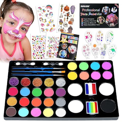 Face Painting Kits for Kids Non-Toxic and Hypoallergenic Face Paint Palette with Stencils,Book,Brushes,Tattoos,Gems Face&Body Makeup Kit for Halloween, Cosplay,Party,Theater & Stage(QCH-32C)