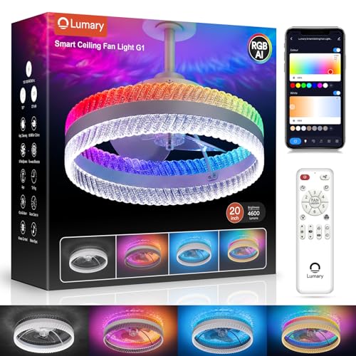 Lumary 20in Smart Ceiling Fan with Lights, Feather Projection Crystal - color: White, size: 20 Inch