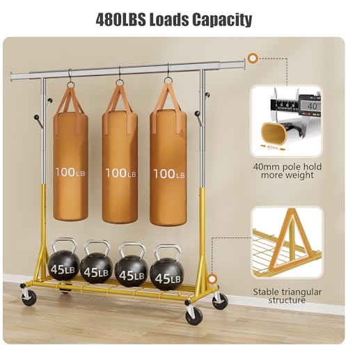 Gewudraw Clothes Rack Heavy Duty 530 LBS Capacity, Portable, Foldable, Gold | Rolling Clothing Rack With 4" Wheels,Shelf, Hooks, Adjustable, Collapsible, Garment Rack for Wardrobe,Bedroom, Laundry Room - color: Gold, style: Single Rod