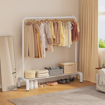 JIUYOTREE Metal Clothing Rack, 43.3 Inches Clothes Garment Coat Rack with Bottom Shelf for Hanging Skirts, Shirts, Sweaters, White | Metal 43.3 Inches Garment Rack Clothing Clothes Rack with Bottom Shelf for Hanging Clothes Coats Skirts Shirts Sweaters Wh