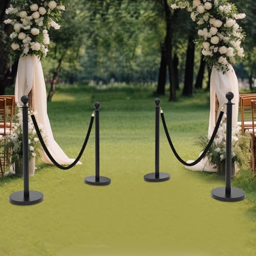 4 Pcs Stanchion Posts Queue with 5 Feet Velvet Ropes, Crowd Control Barriers Ball Top Stanchion Post Red Carpet Runner Poles Black for Party Theater Hotel Weddings Museums - color: Black