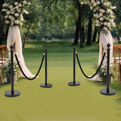 4 Pcs Stanchion Posts Queue with 5 Feet Velvet Ropes, Crowd Control Barriers Ball Top Stanchion Post Red Carpet Runner Poles Black for Party Theater Hotel Weddings Museums - color: Black