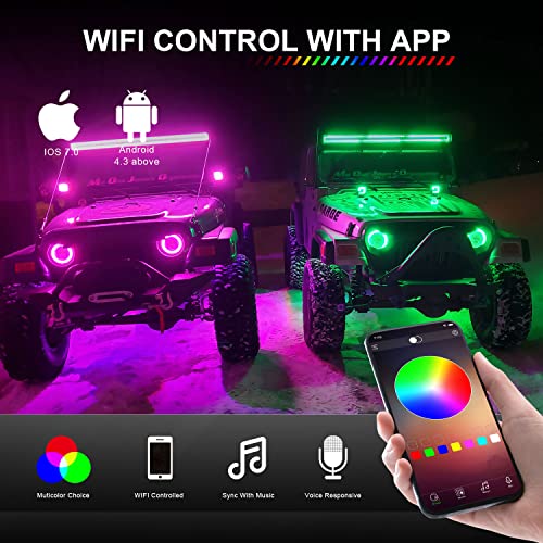 Lpteso RGBW LED Light Bar 52'' inch 300W Flood Spot Combo Beam 2PCS 4 Inch 18W Flood RGB LED Pods with 16 Solid Colors Chasing RGB Halo Ring Changing with Strobe Flashing with Rocker Switch Wiring - size: 52Inch RGB Straight LED Light Bar