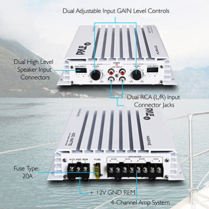Pyle 4-Channel Marine Amplifier - 400W Elite Hydra Series Water Resistant Amplifier with Dual MOSFET Power Supply, RCA Connectivity with Level Control, LED Indicator, Fuse Protection - PLMRA400.5