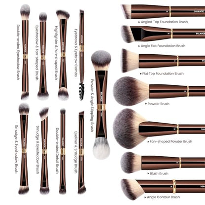 MAANGE Makeup Brushes 16Pcs Professional Foundation Powder Blush Contour Eyeshadows Double-End Makeup Brushes Set with Bag and Gift Box-CoffeeBrown - color: CoffeeBrown