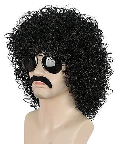 yuehong Black Curly Jumbo 70s81s Afro Wig Rocker Disco Wig with Mustache | Heat Resistant Synthetic Fibers Soft Durable Breathable Costume Hair