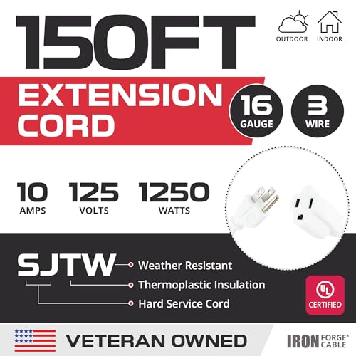 Iron Forge Cable 16 Gauge Heavy Duty White Extension Cord, 150 Ft - SJTW | 16/3 SJTW Cable, 3 Prong Grounded Plug, 13 Amp - For Landscaping, Leaf Blowers, Lights, Appliances - size: 150 Foot