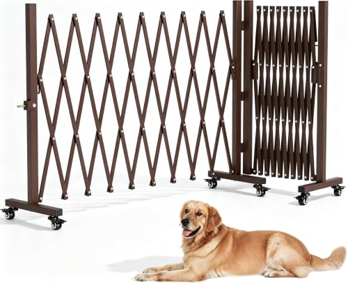 Expandable Driveway Gate with Casters, Portable Metal Folding Security Gate, 209" Wide Aluminum Garden Fence, Outdoor Dog Fence for Yard in Coffee, 39.76 * 213 - color: Coffee