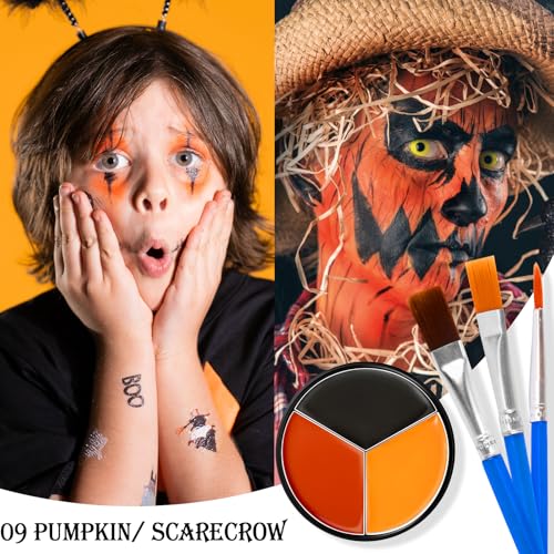 Black Red Orange Face & Body Paint - Blendable Facepaint Foundation with Sponge & Brush for Skin, Professional Halloween Face Make-up Kit for Scarecrow Tiger Devil Pumpkin Fox Lion Costume - color: 09 Pumpkin/Scarecrow