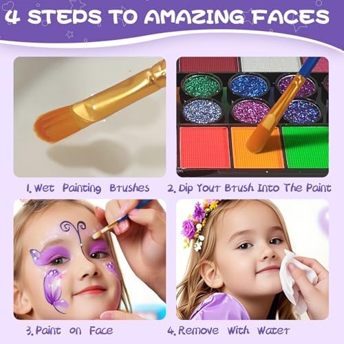 SAM SUGAR Face Painting for Kids 42 Colors Non-Toxic Vibrant Colors Professional kids face painting with 16 Crayons 56 Sticky Stencils 12 Paint Brushes for Halloween Parties