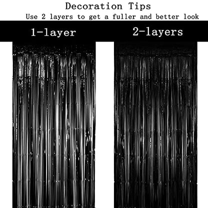 Black Purple Metallic Tinsel Foil Fringe Curtain - Video Game Birthday Baby Shower Graduation Halloween Retirement Bachelorette Wedding Anniversary Carnival Party Photo Booth Backdrop Decoration, 4pc