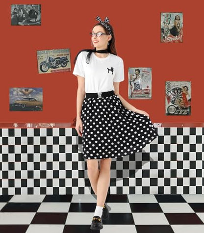 1950s Poodle Skirt Outfit Women 50s Sock Hop Costume T Shirt Accessories - color: Black-white-dot, size: X-Large