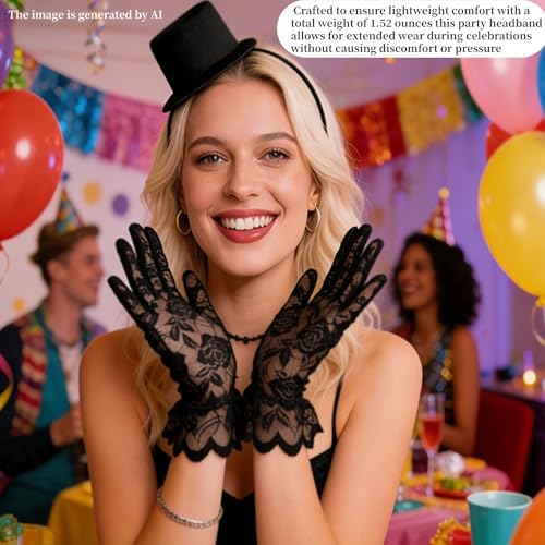 Mini Cowboy Top Hat Headband with Black Lace Gloves,Stylish Costume Accessory for Parties Weddings and Cosplay, Men and Women Black Top Hat Hairband Accessories