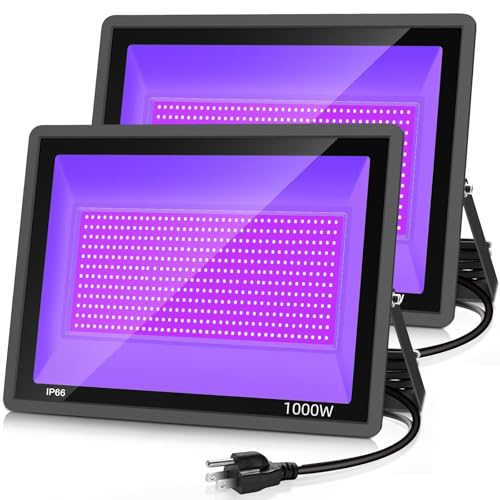 YANYCN 2 Pack 1000W LED Black Flood Light, Big Black Light Outdoor with Plug and Switch, IP66 Waterproof Blacklight for Glow Party, Halloween, Fluorescent Poster, Body Paint, Aquarium - size: 2pack 1000W led black light