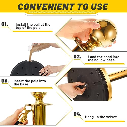 Velvet Ropes and Posts, 4 Stainless Steel Stanchions, Sign Holder, Gold | 2x5 ft Velvet Ropes, Fillable Bases, Sign Holder, Crowd Control Barriers for Red Carpet Events, Hotel, Theater, Weddings - color: Gold