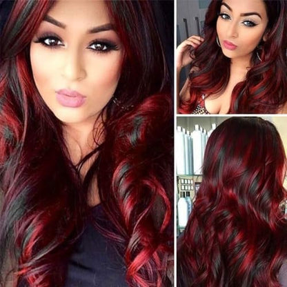 PORSMEER Black and Red Long Curly Wavy Wigs for Women Girls for Cosplay Party Halloween Fancy Dress Costume Heat Resistant Synthetic Hair with Fringe - color: Black mixed Red