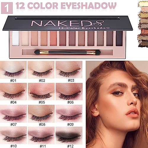 All in One Makeup Kit Full 12 Colors Naked Eyeshadow,2 Color Compact Powder,Liquid Foundation,Lipsticks, Blush,Eyebrow Soap,Winged Eyeliner Stamp,Makeup Gift Set for Women, Teens & Girls(Naked) - color: 12-Pink