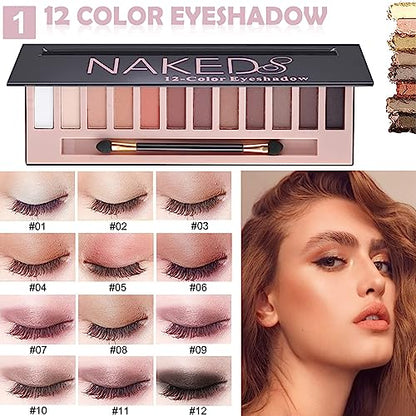 All in One Makeup Kit Full 12 Colors Naked Eyeshadow,2 Color Compact Powder,Liquid Foundation,Lipsticks, Blush,Eyebrow Soap,Winged Eyeliner Stamp,Makeup Gift Set for Women, Teens & Girls(Naked) - color: 12-Pink